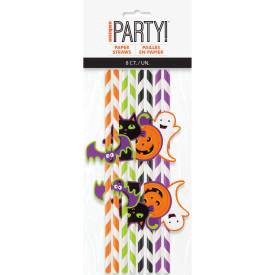Paper Straws, Striped with Halloween Decals, Pack of 8