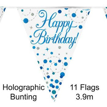 Bunting Happy Birthday Blue & White Holographic 3.9M