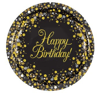 Happy Birthday Sparkling Fizz Plates Black & Gold Plates PK8