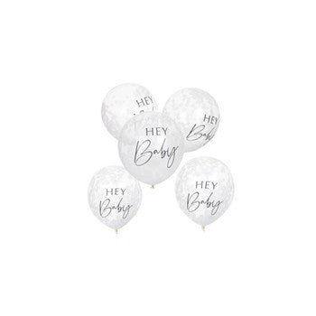 12" Latex Balloon Hey Baby - White Confetti - Pack of 5