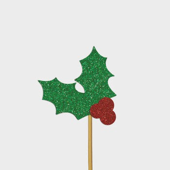 Holly Glitter Cake Toppers - Pk12