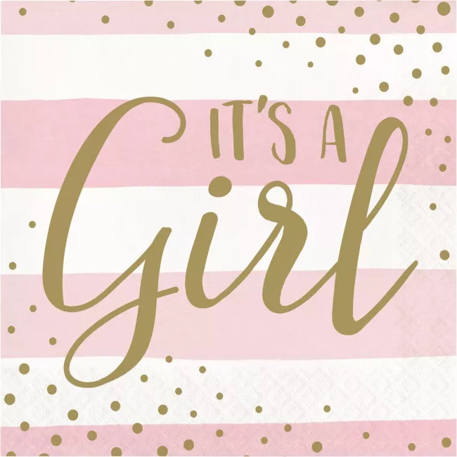 Napkins Pink & Gold Its A Girl - Pack 16