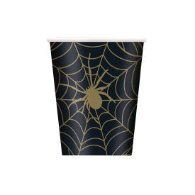 Paper Cups, Spider Web Design, Black and Gold, Pack of 8, 9oz